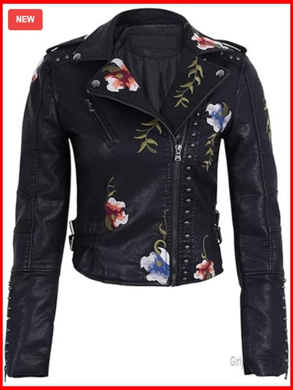 Embroidered Faux Leather Moto Jacket, Slim Fit, Studded Punk Style